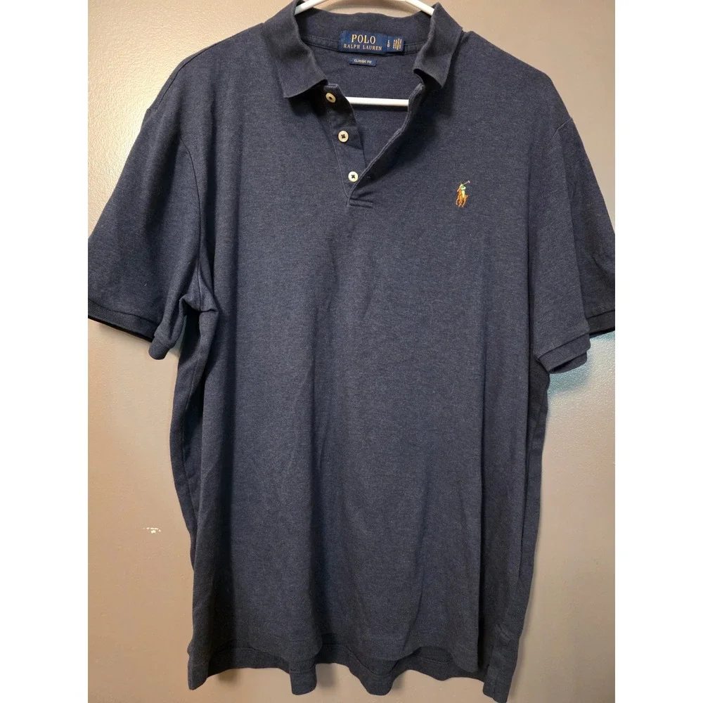 Polo Ralph Lauren Mens Classic Fit Polo Shirt Heathered Navy Blue Short Sleeve L